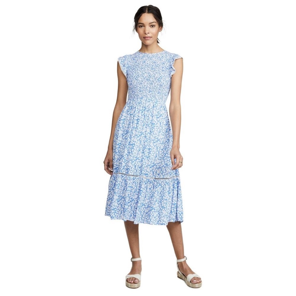 Lost + Wander Pick Me Smocked Blue Floral Midi Dress Women's Size Small